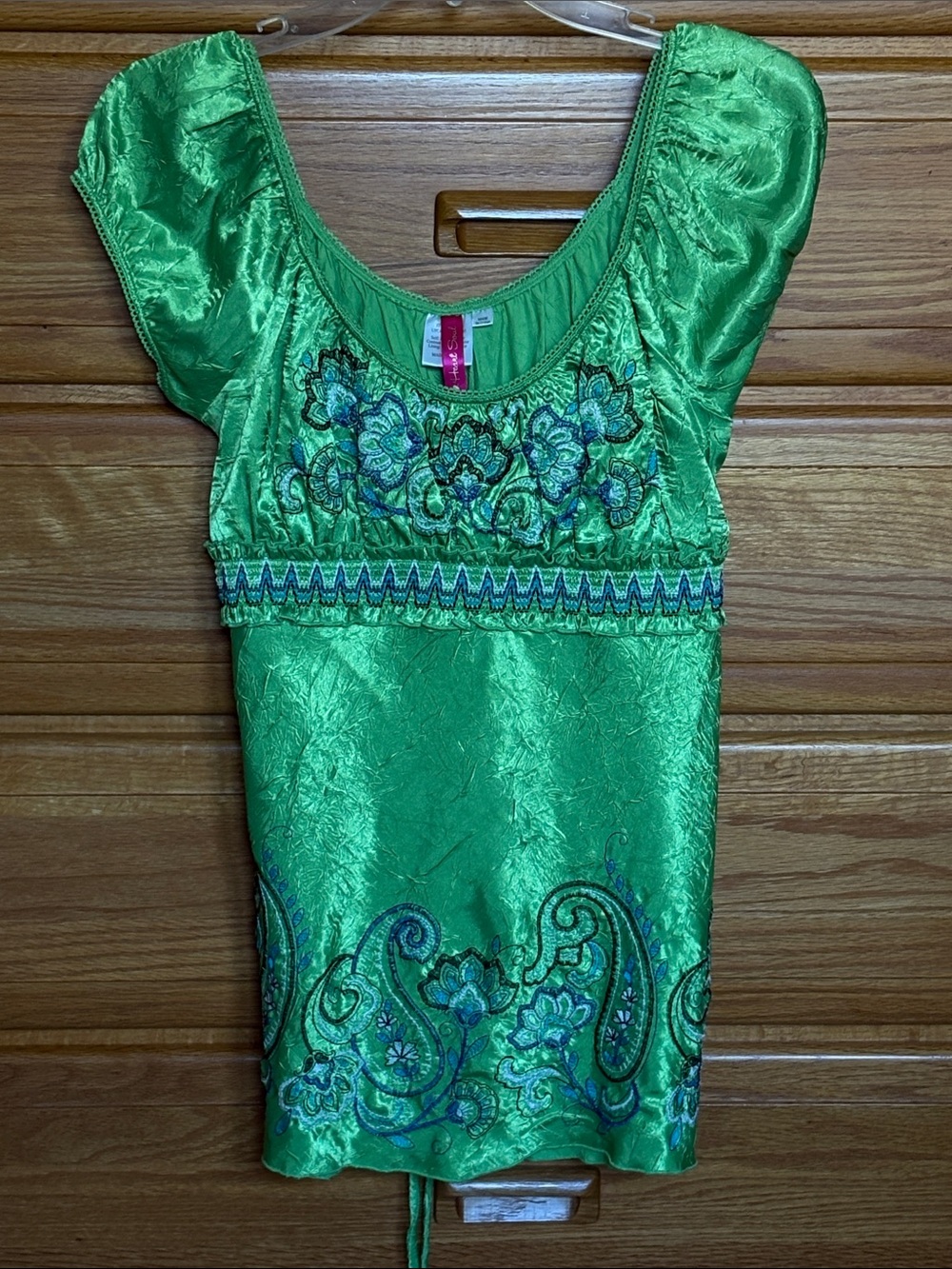 HeartSoul Y2K Green Satin Embroidered Empire Tie-Back Blouse Size XL